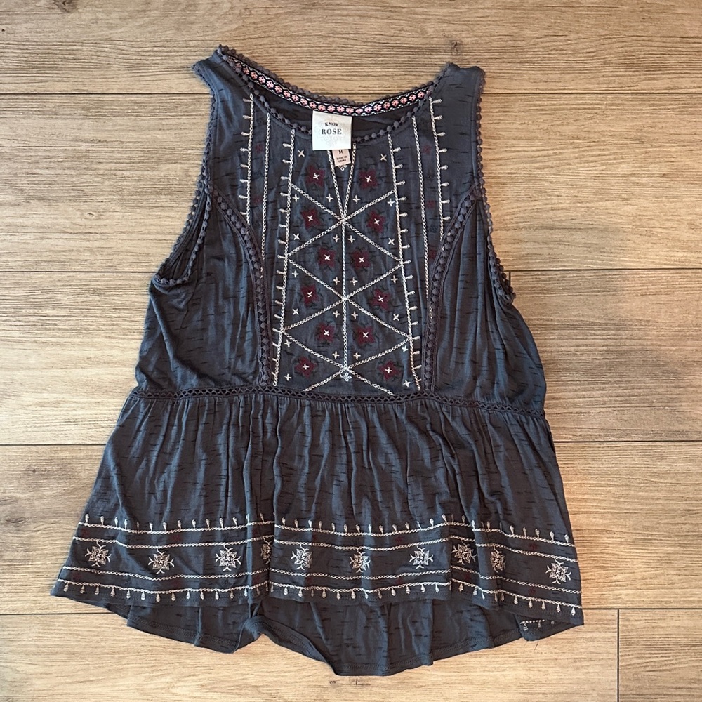 Knox Rose Black Embroidered Peplum Tank with Burgundy Accents